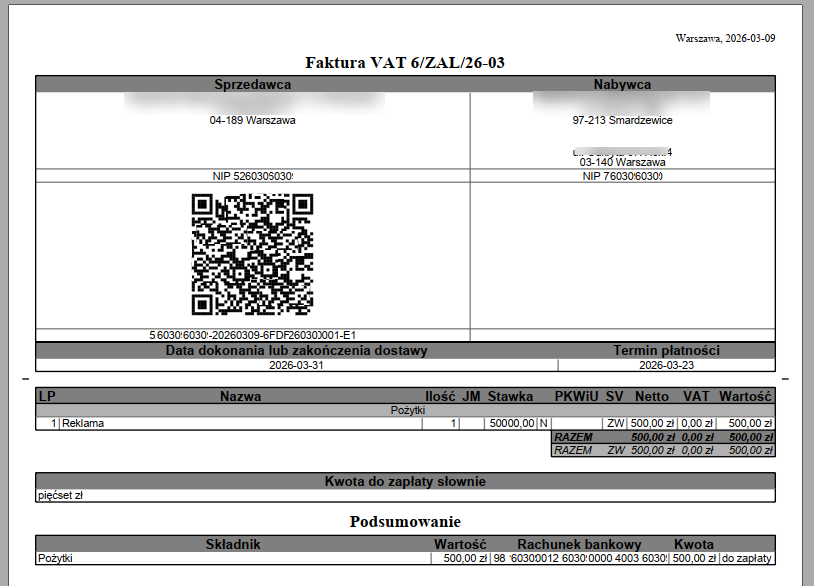 Wydruk w PDF faktur z KSeF